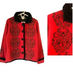 Carson Wool Jacket Red Embroidered and Beaded Faux Fur Trim
